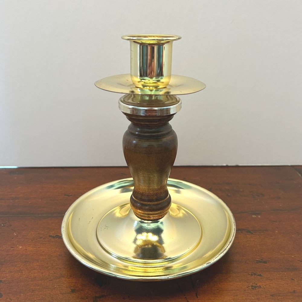 Home Interiors Brass Tone &‎ Wood Candle Stick Holder 6" Vintage Made In USA